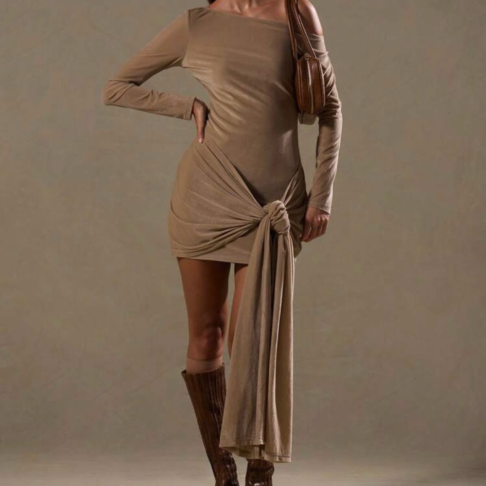 Elegant Tan Off-Shoulder Dress